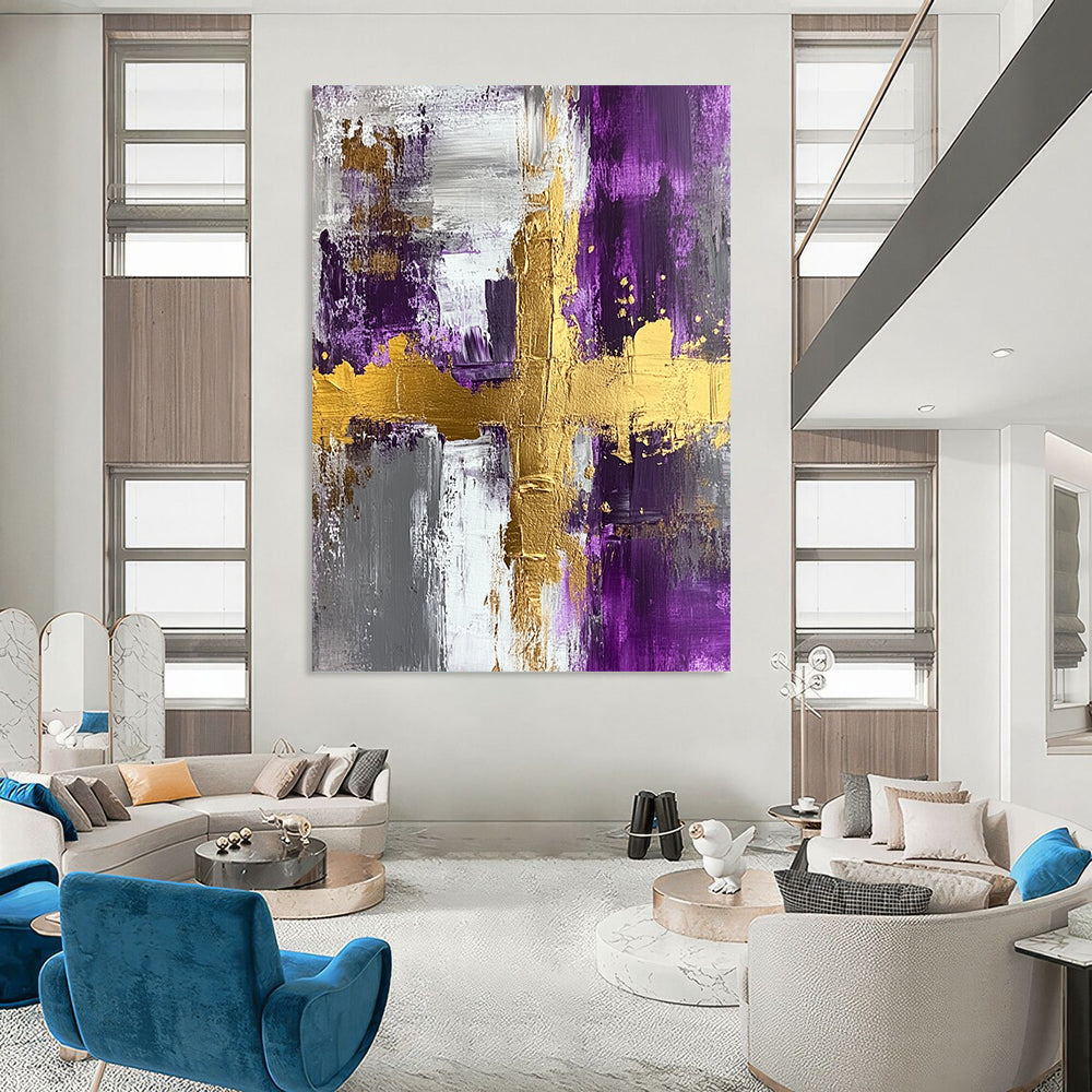 Contemporary painted abstract art features acrylic on textured canvas with gold foil accents in purple and grey, highlighted by a central cross shape. DLZ0276