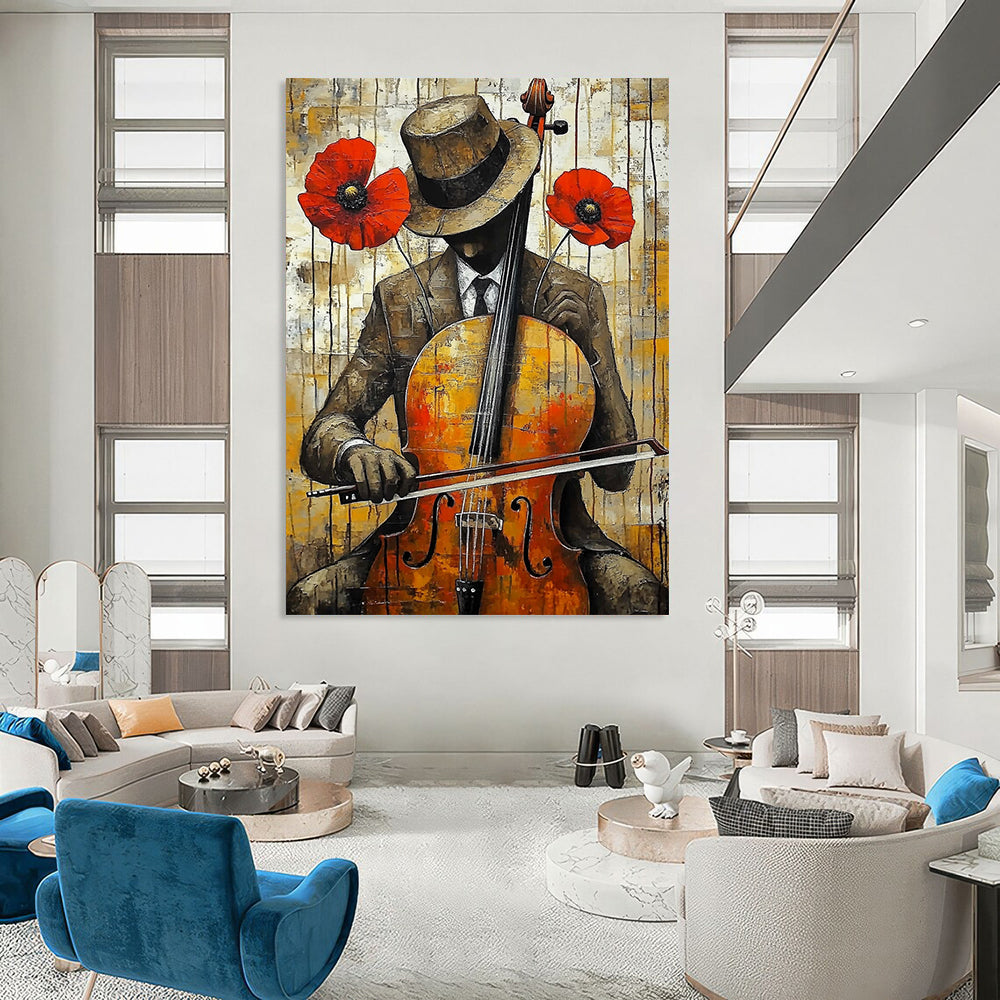 Contemporary abstract art featuring a cello player in vibrant yellow red and brown with dripping paint effect and urban background showcasing heavy brush strokes. DLZ1304