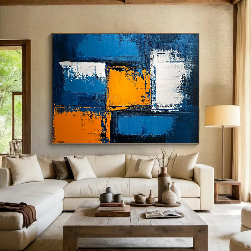 “Vibrant Blue with Orange and White Geometric Accents” - Blue, orange, white; Abstract geometric blocks on a blue background; Acrylic Painting On Canvas HB1230