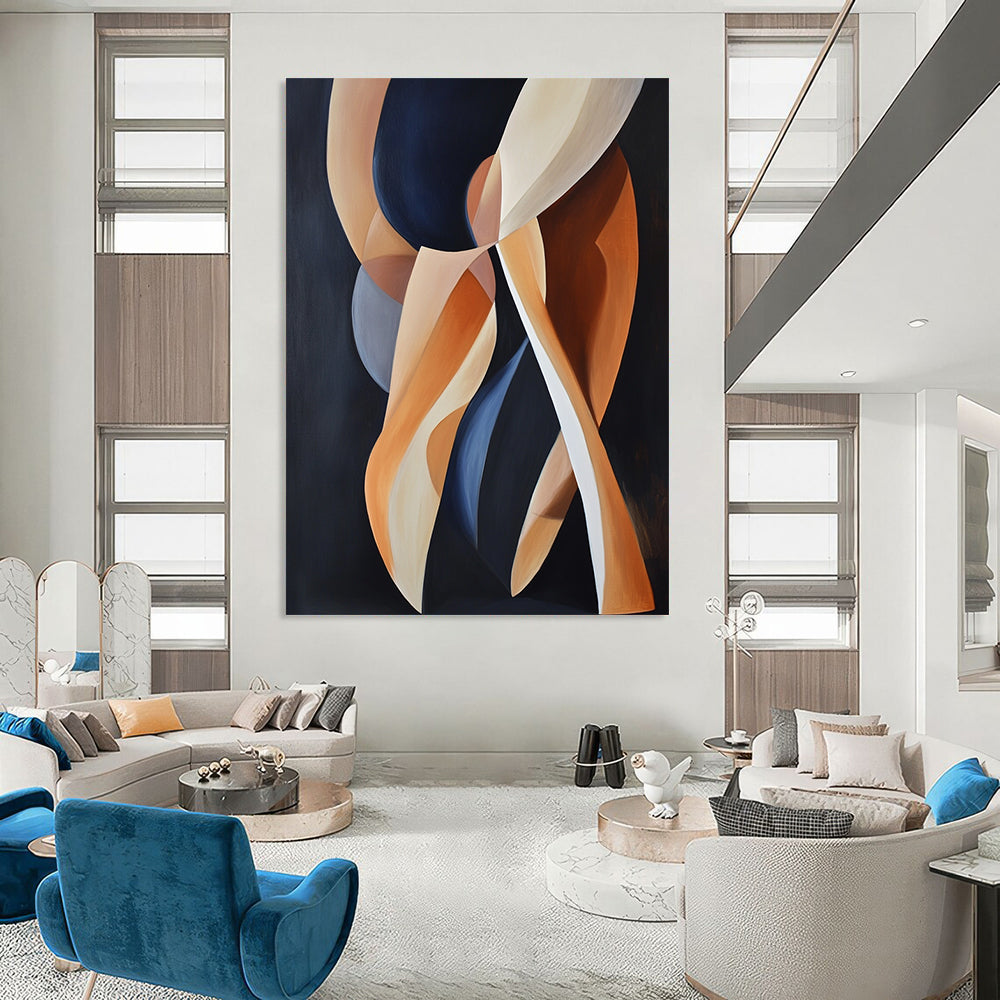 Contemporary abstract artwork featuring dynamic shapes of women's legs in motion against a dark background with light orange and navy blue accents. DLZ1668