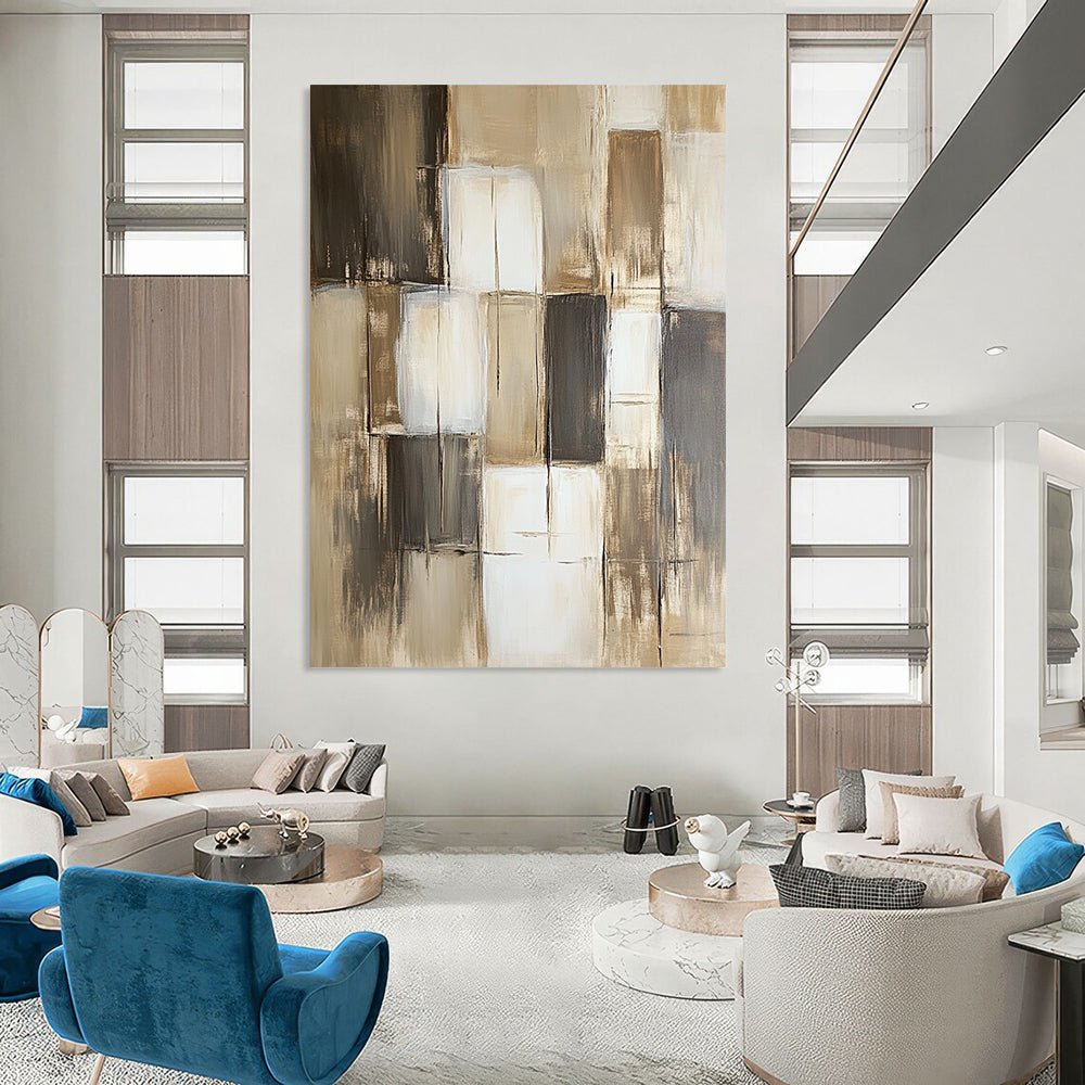 Contemporary hand-painted abstract art featuring neutral shades of beige gray and brown with varying paint block sizes and textures. DLZ0611