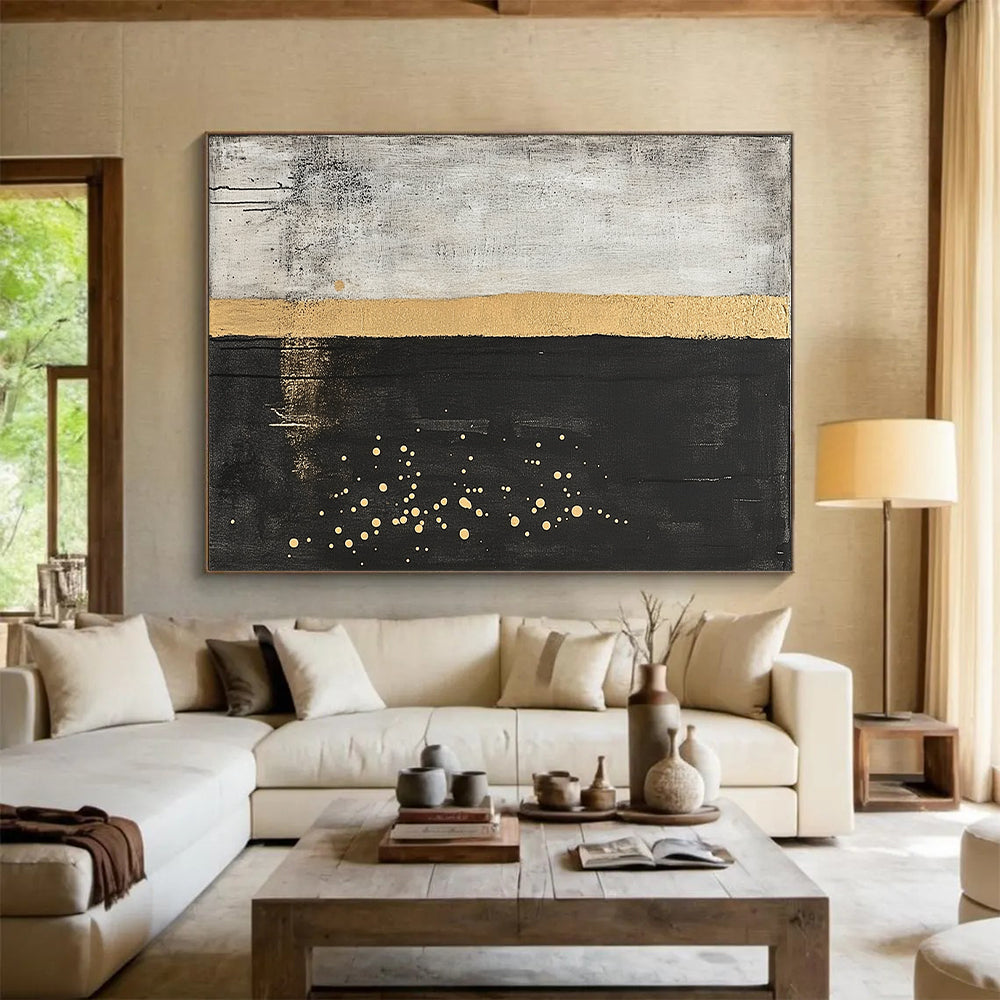 Gray, Gold & Black Split Dots - “Ethereal Boundary” Painting On Canvas HB197