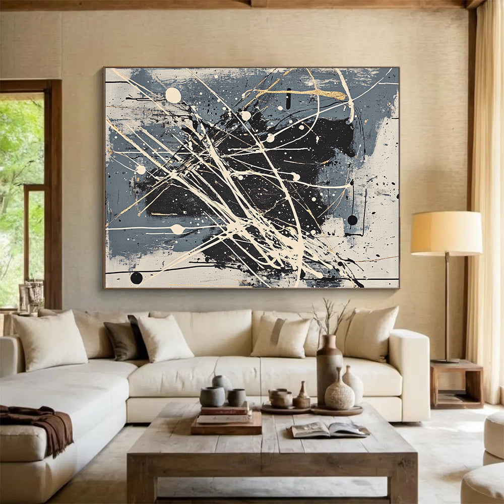Gray, Black, White, Gold, Intricate Splatters "Gilded Galaxy" Abstract Pollock - Inspired Painting On Canvas HB053