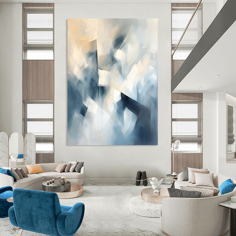 Contemporary abstract painting featuring soft shapes and forms in light blue and white with geometric elements and a dreamlike atmosphere. DLZ0643