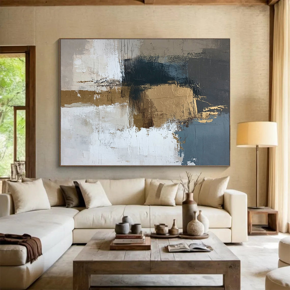 “Subtle Blends” - Beige, Blue, Gold, Textured Abstract Blocks Painting On Canvas HB1043