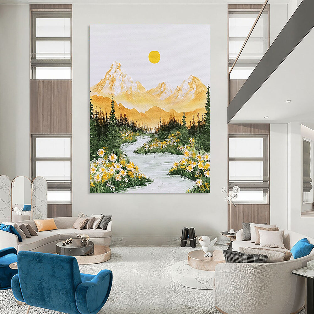 Contemporary abstract art features vibrant yellow and green Alps mountains, flowing river, radiant sun, and delicate flowers, evoking tranquility and beauty. DLZ1418