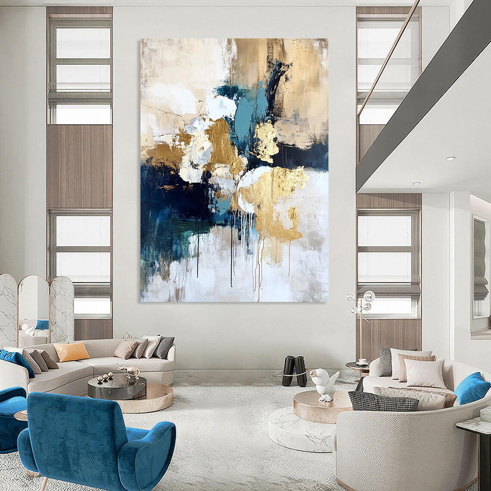Contemporary hand-painted abstract art on textured canvas with gold foil highlights in cream white and blue creating a romantic atmosphere with vibrant earthy tones. DLZ1009