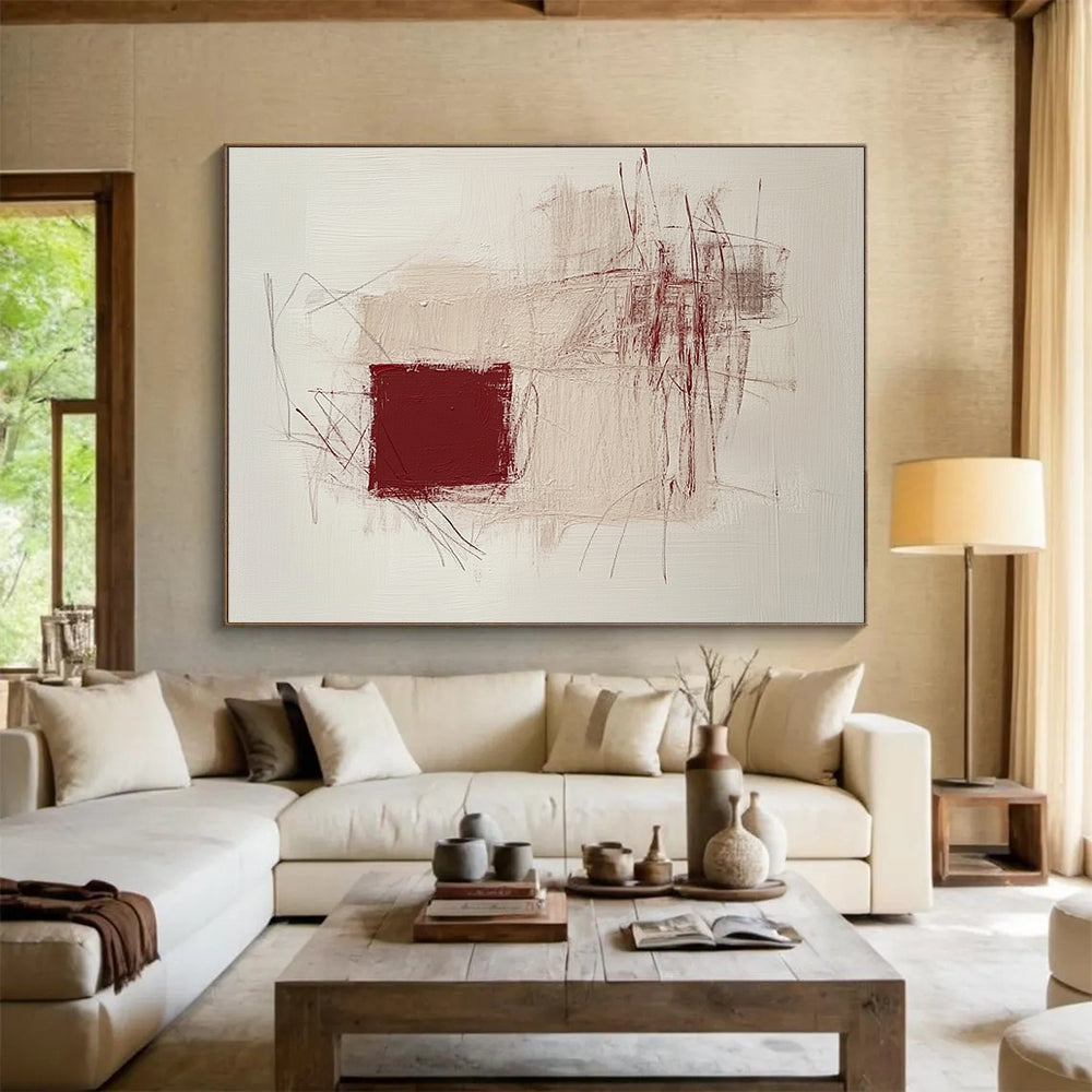 “Minimalist Maroon & Beige Abstraction” - Maroon, Beige, Abstract Shapes Painting On Canvas HB0767