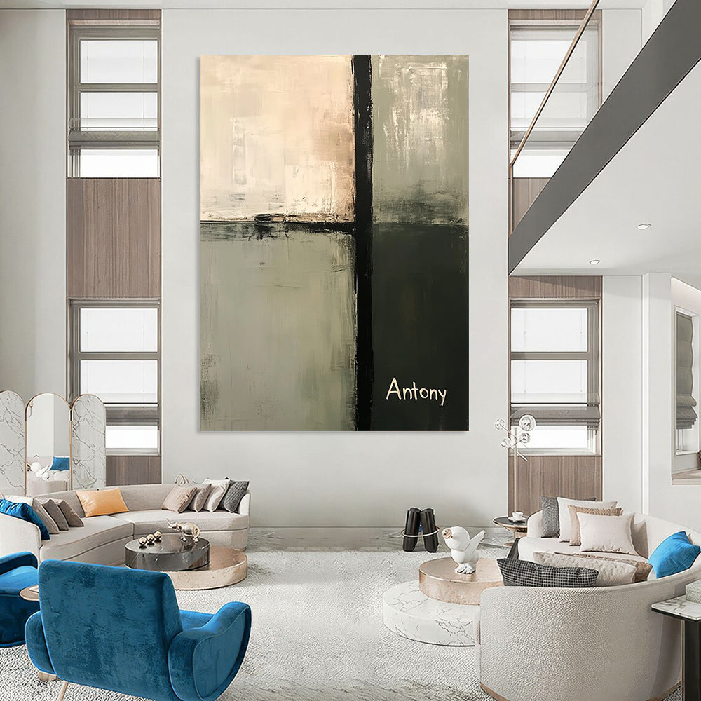 Contemporary abstract painting in neutral sage green and gray tones featuring a central tall vertical bar and the name Antony in the bottom corner. DLZ0434