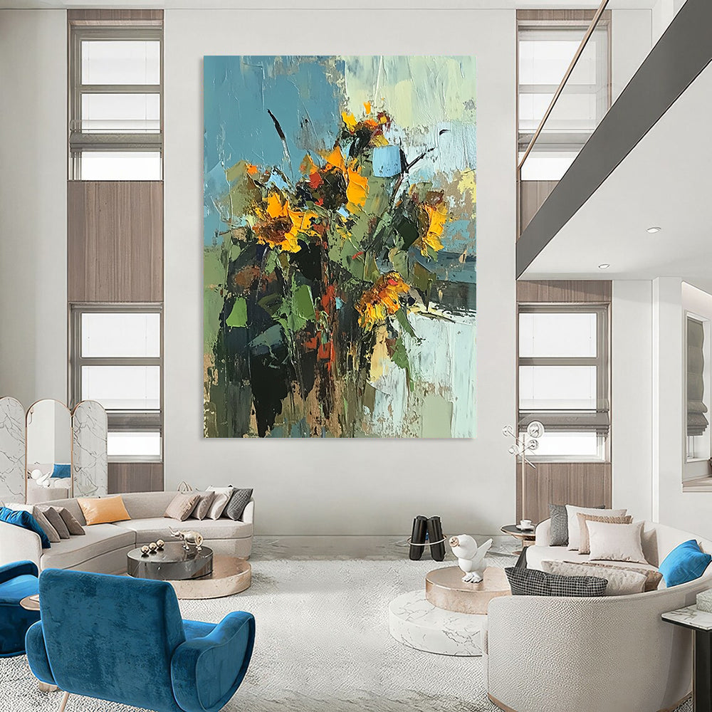 Contemporary palette knife sunflowers painting features vibrant colors on a white background, inspired by Peter Wileman's unique style and artistry. DLZ1127