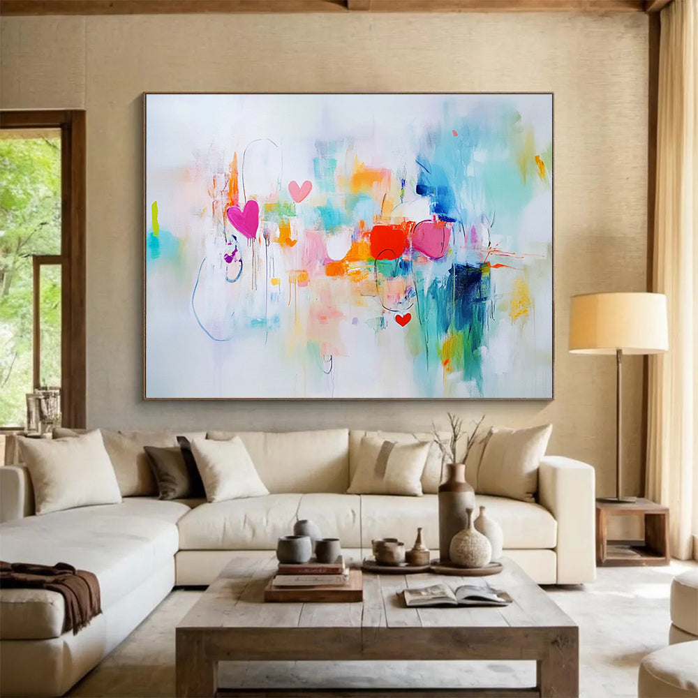 “Hearts and Hues” - Pink, Teal, Orange, Abstract Love - Contemporary Acrylic Painting HB1515