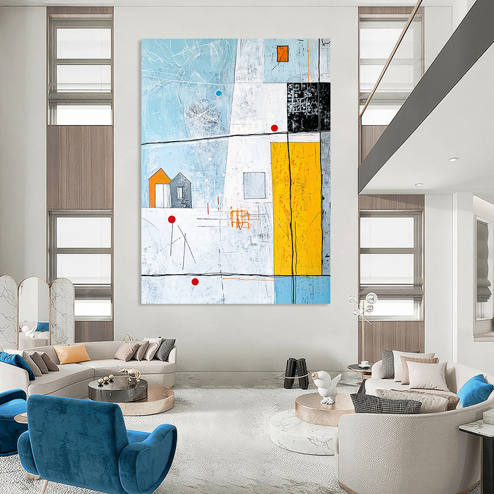 Large contemporary hand-painted abstract artwork featuring vibrant lines and shapes with an architectural drawing and a house on a light blue background. DLZ0987