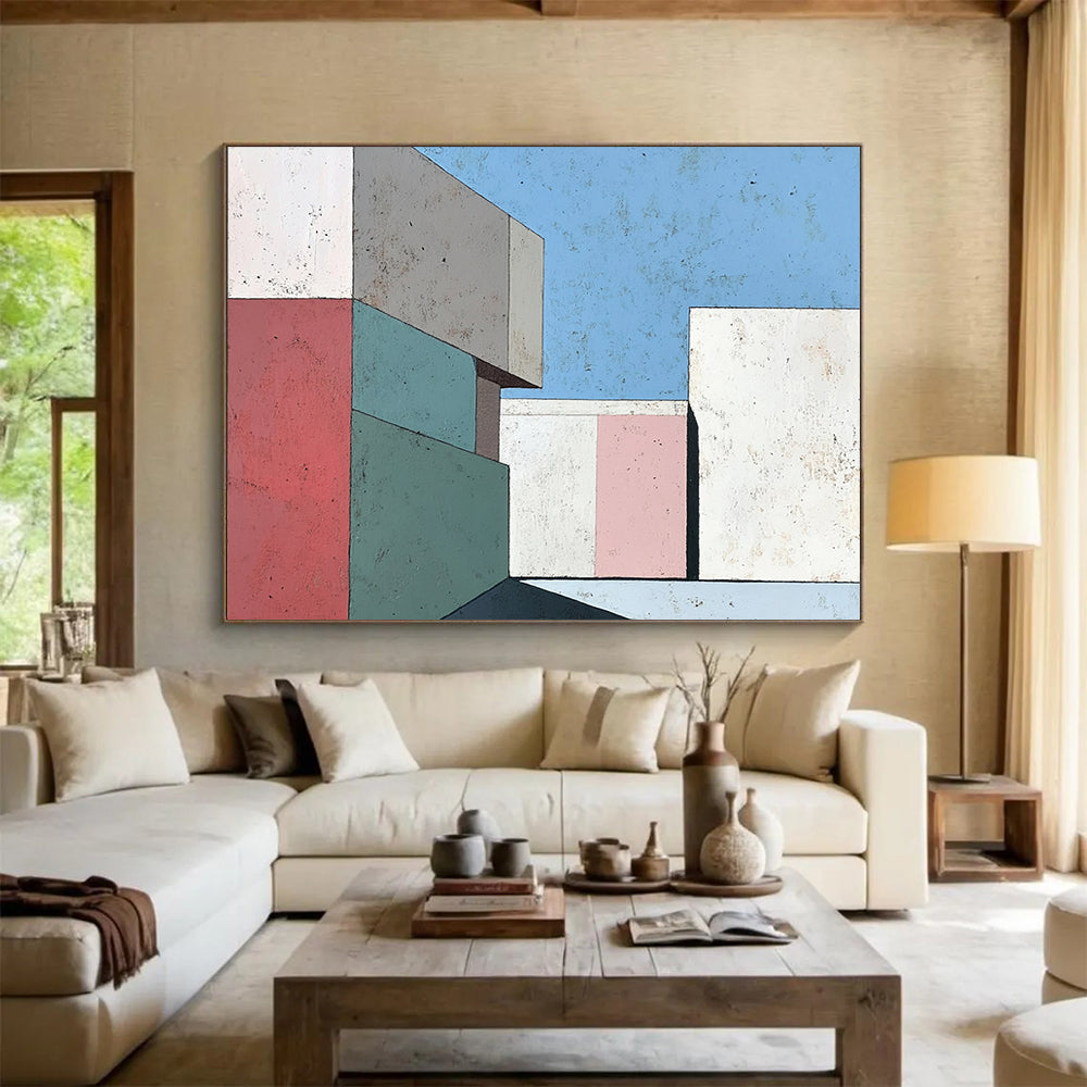 “Pastel Geometric Architecture” - Pink, Green, Blue, Abstract Buildings - Modernist Acrylic Painting HB1499