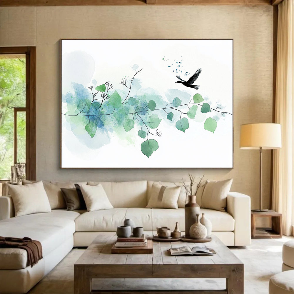 “Delicate Bird & Branches” - Green, Blue, Bird, Branches Painting On Canvas HB0762