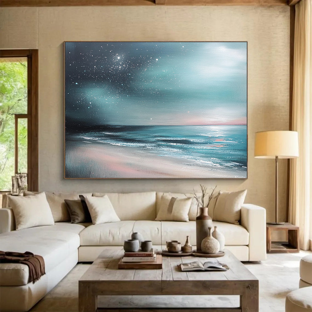 “Aurora Beach” - Teals, Pinks, Purples, Beach Under a Starry, Aurora - Like Sky - Impasto Oil Painting HB1742