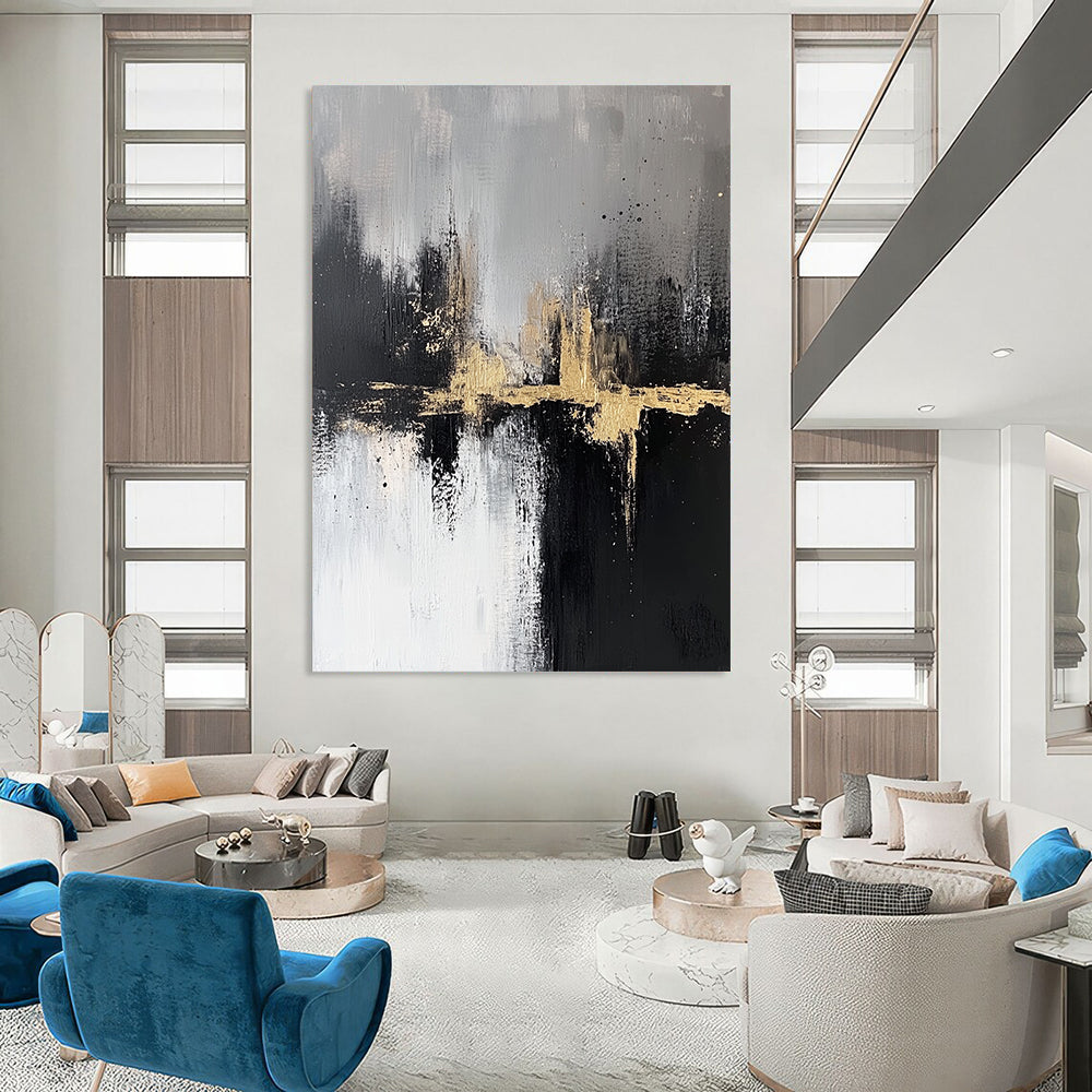 Contemporary abstract artwork featuring textured black and white brush strokes with gold accents capturing a serene cityscape atmosphere in neutral tones. DLZ0317