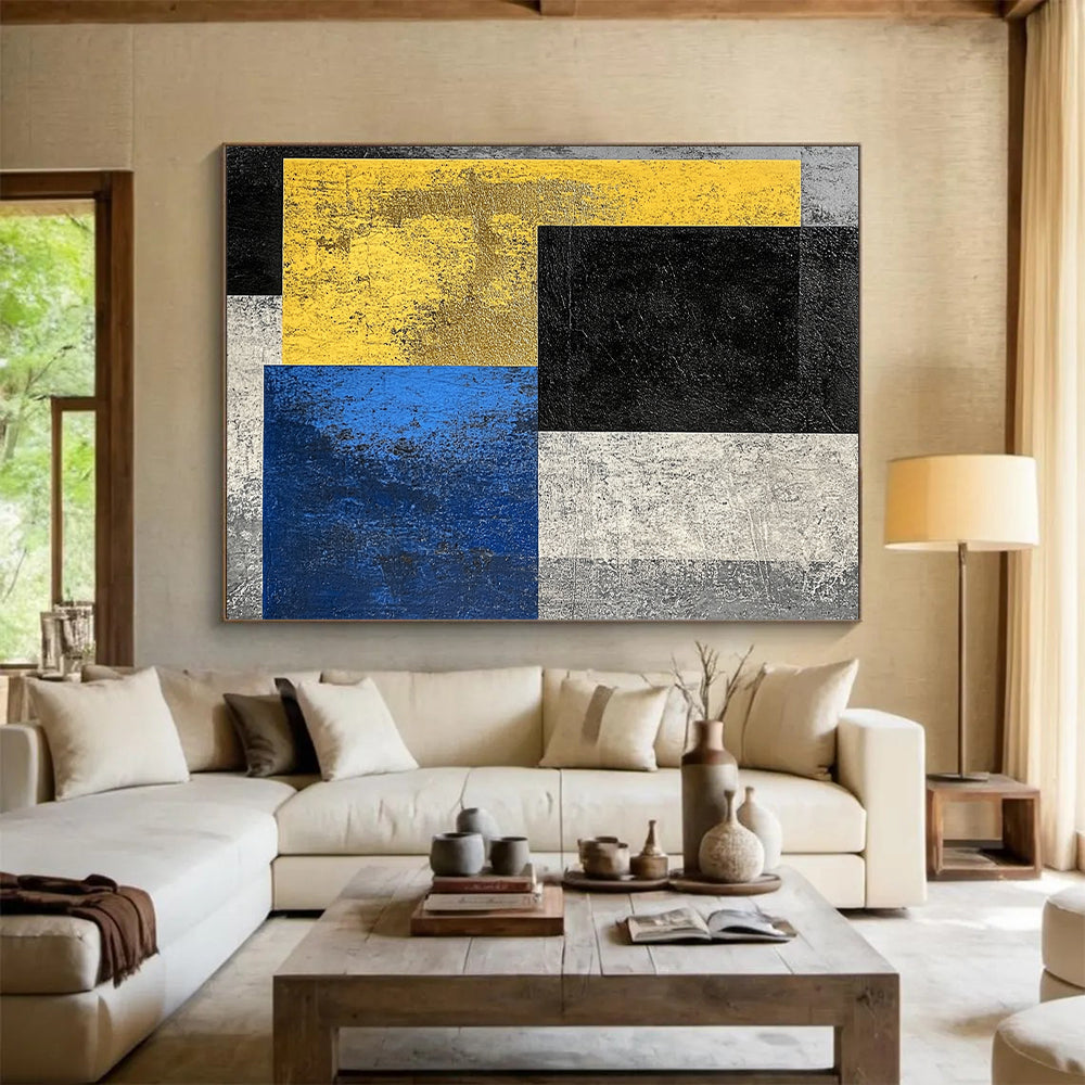 Black, Yellow, Gold, Blue, Gray with Textured Blocks "Colorful Contrast" Abstract Painting On Canvas HB010