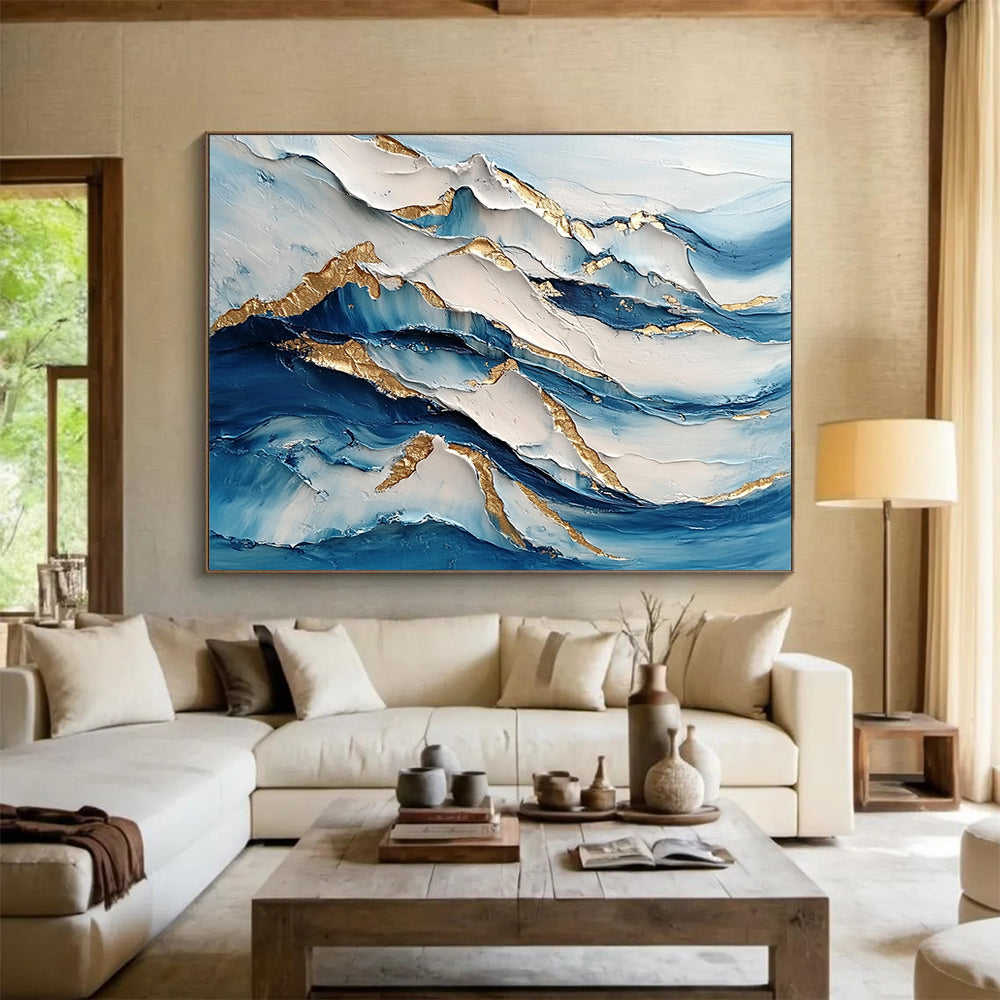 “Layered Wave Textures” - Blue, White, Gold, Layered Wave Textures Painting On Canvas HB0973