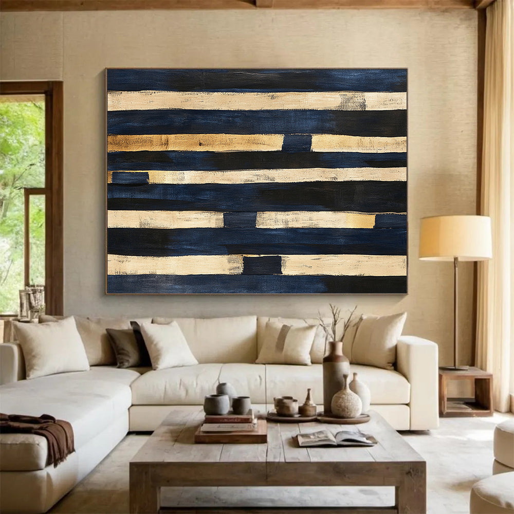 Navy Blue, Beige, Gold, Vertical Stripes "Coastal Rhythm" Abstract Nautical - Inspired Painting On Canvas HB043