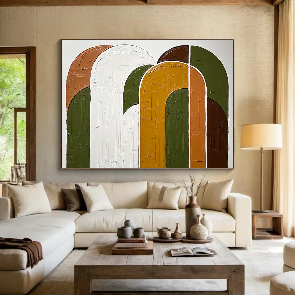 “Textured Color Arches” - Green, orange, white, brown, Textural Abstract Painting HB0623