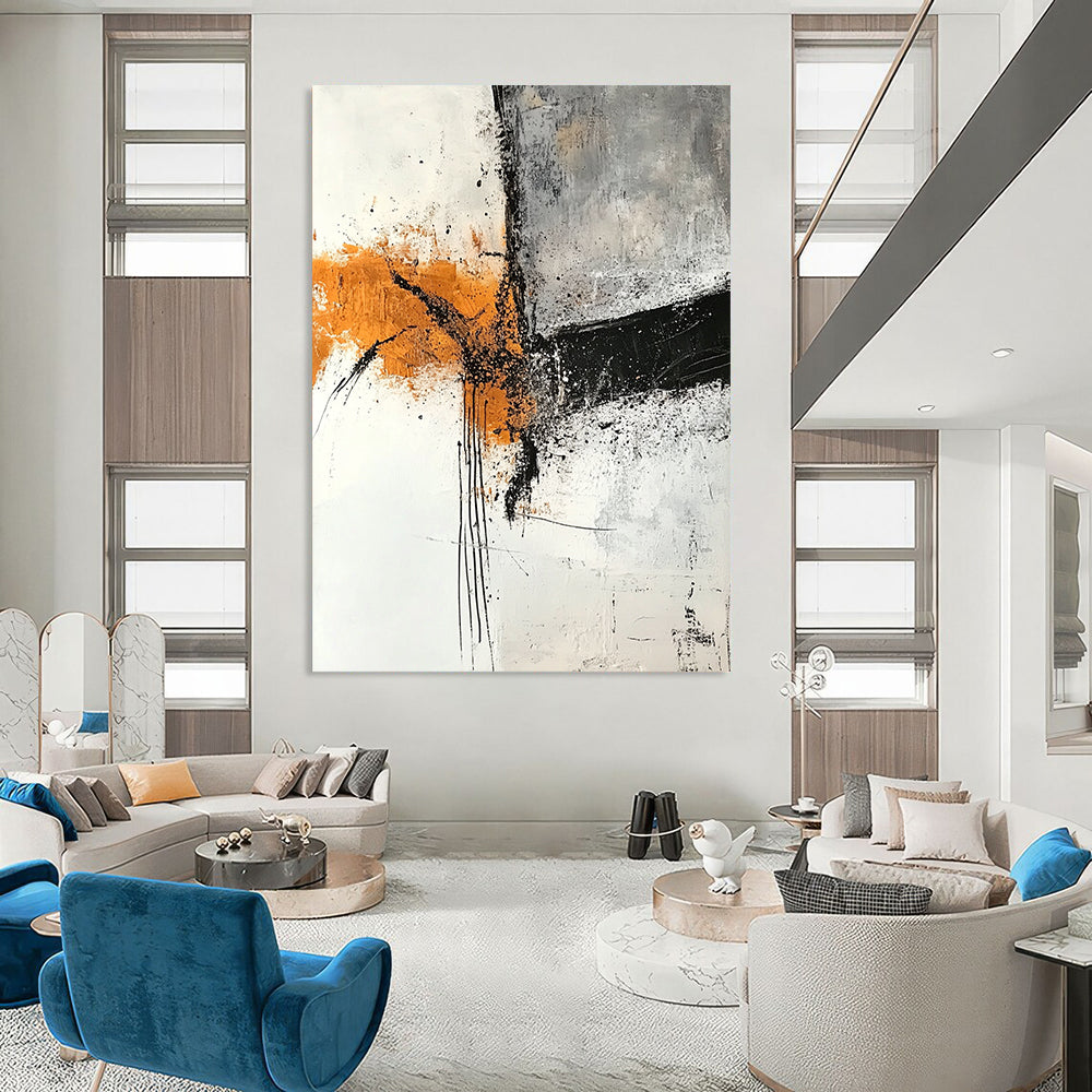 Contemporary abstract artwork featuring textured layers in gray and amber tones with rust orange highlights on a white canvas and expressive black ink lines. DLZ0274