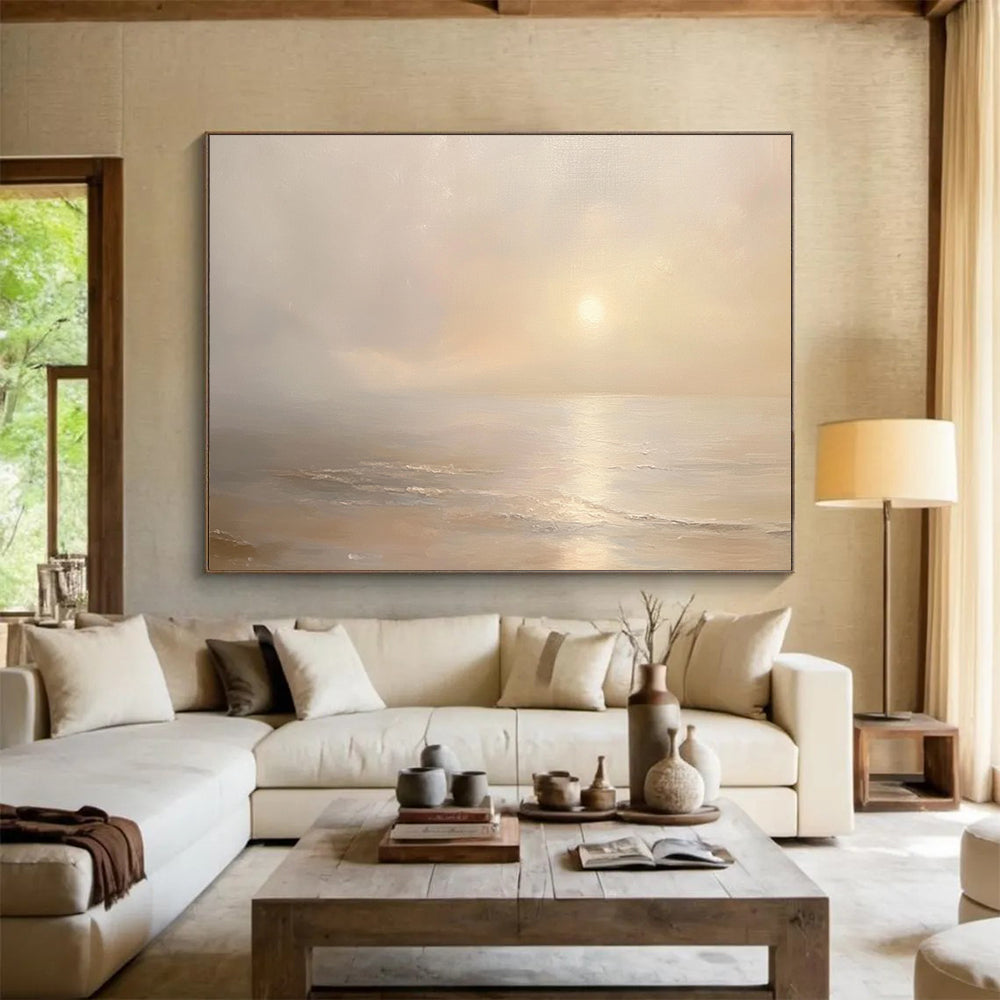 “Misty Sea at Dawn” - Pale Beiges, Whites, Subtle Yellows, Foggy Ocean at Sunrise - Oil Painting HB1607