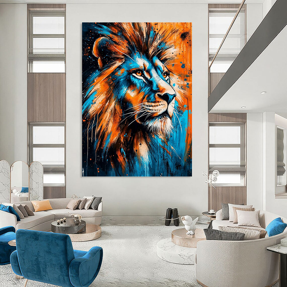 Contemporary abstract painting featuring a lion with piercing eyes in vibrant blue and orange symbolizing strength and the wild beauty of nature. DLZ1303