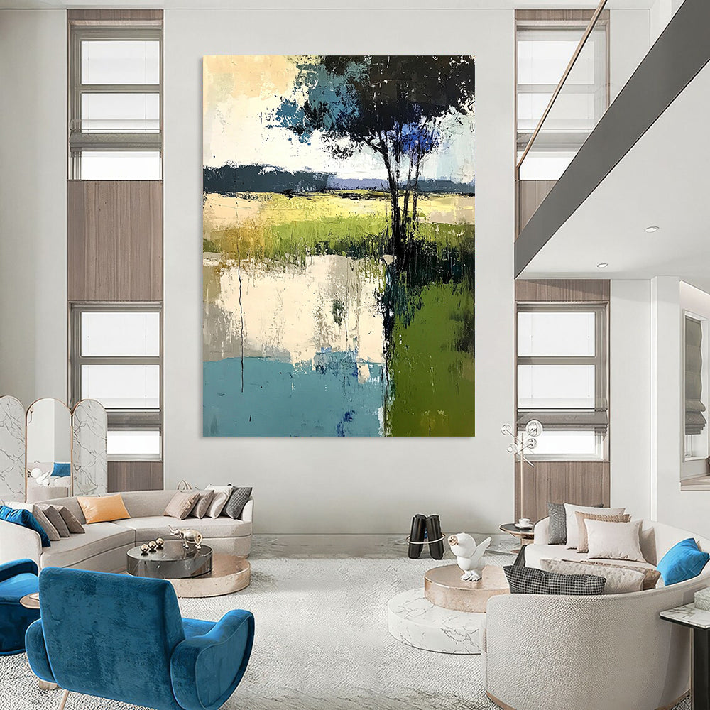 Contemporary abstract painting featuring soft edges trees and grass in muted greens blues and grays created with thick brush strokes and palette knife techniques. DLZ0419