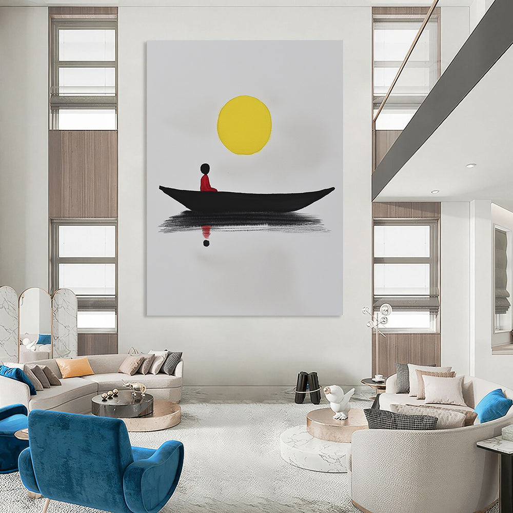 Contemporary abstract art featuring a minimalist black boat on white paper with a yellow sun and a red figure reflecting in calm waters. DLZ1564