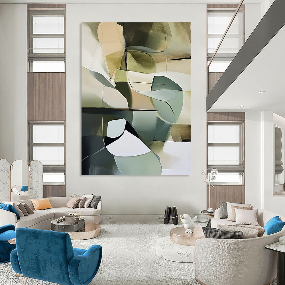 Contemporary abstract artwork featuring muted green tones and light colors against a dark gray background, inspired by Frey and Marie-Suze van der Hout. DLZ0490