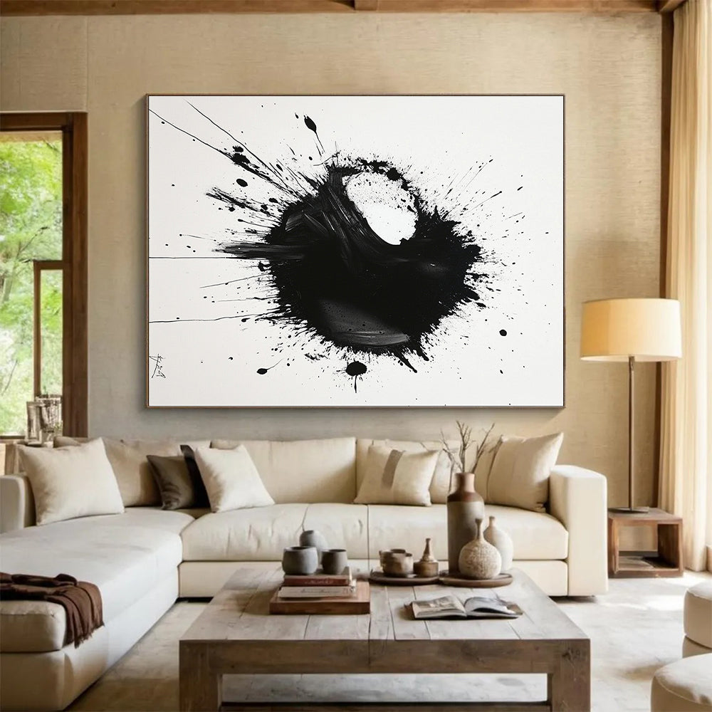 Black Asymmetric Splatter on White - “Unbalanced Ink Drama” Painting On Canvas HB219
