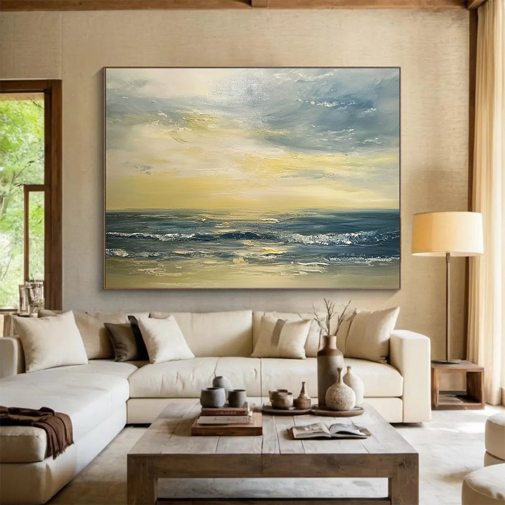 “Golden Ocean Sunset” - Yellows, Oranges, Blues, Ocean at Sunset - Palette Knife Oil Painting HB1598