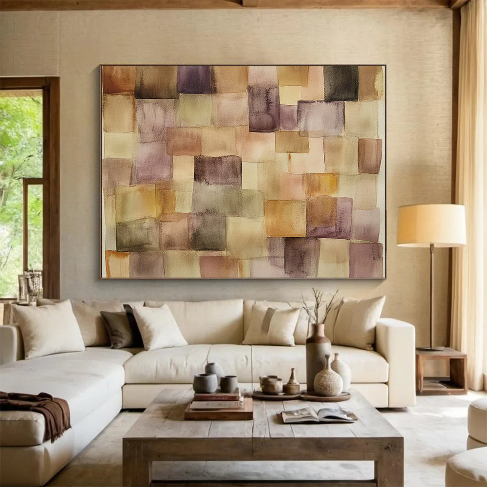 “Watercolor Square Patchwork” - Brown, Purple, Beige, Softly Blended Square Shapes - Watercolor Painting HB1768