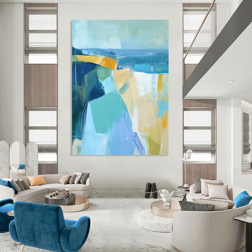 Contemporary abstract artwork features thick brushstrokes and geometric forms in muted blues and yellows, perfect for enhancing any modern space. DLZ0896