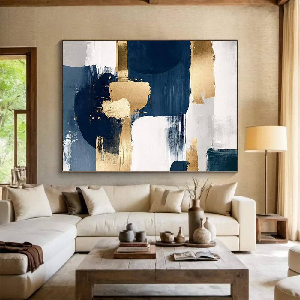 “Navy and Gold Geometric Abstract” - Navy, gray, white, gold; Geometric abstract with gold brushstrokes; Acrylic Painting On Canvas HB1261