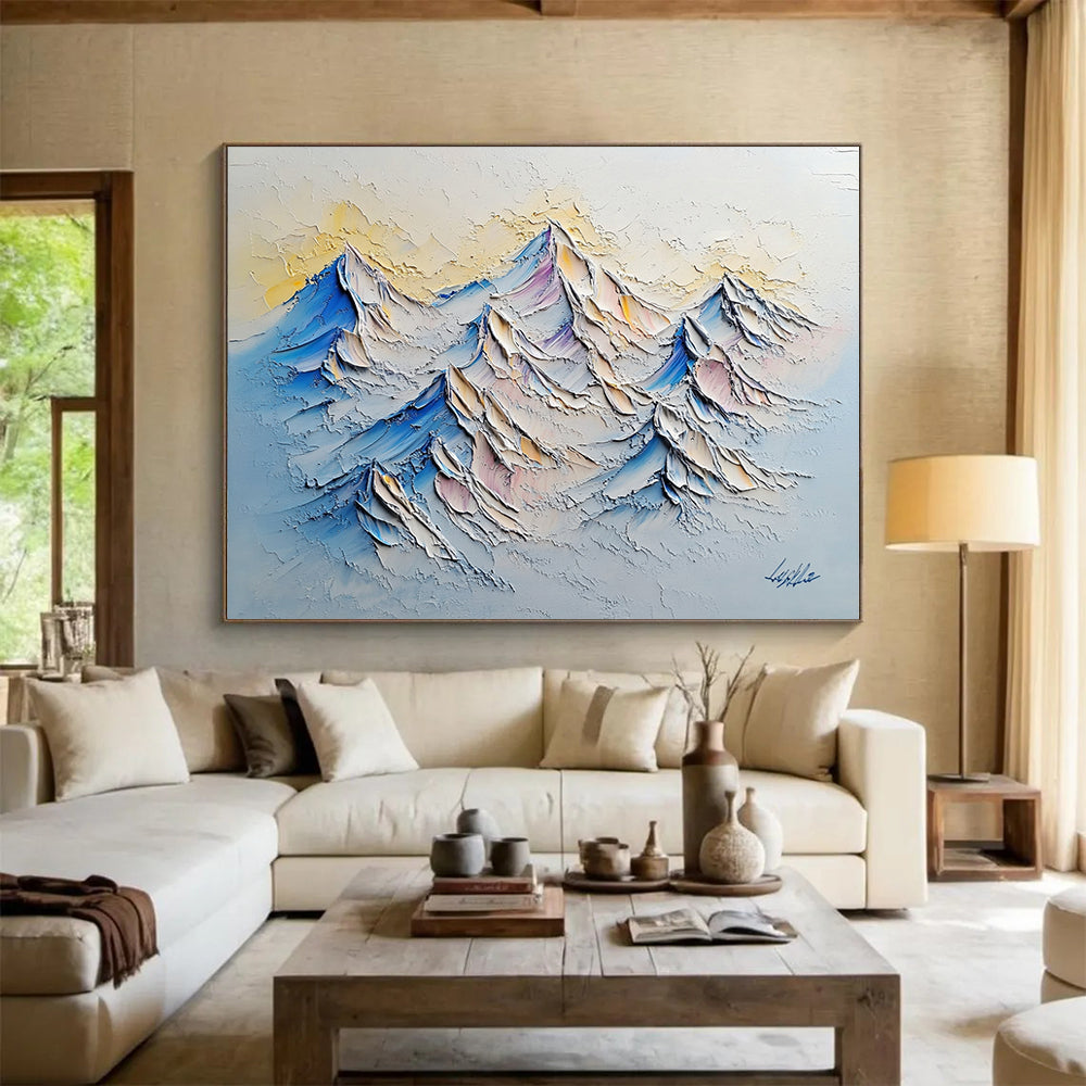 “Textured Mountain Peaks” - Blue, Purple, White, Yellow - Impasto Mountain Landscape - Acrylic Painting HB1316