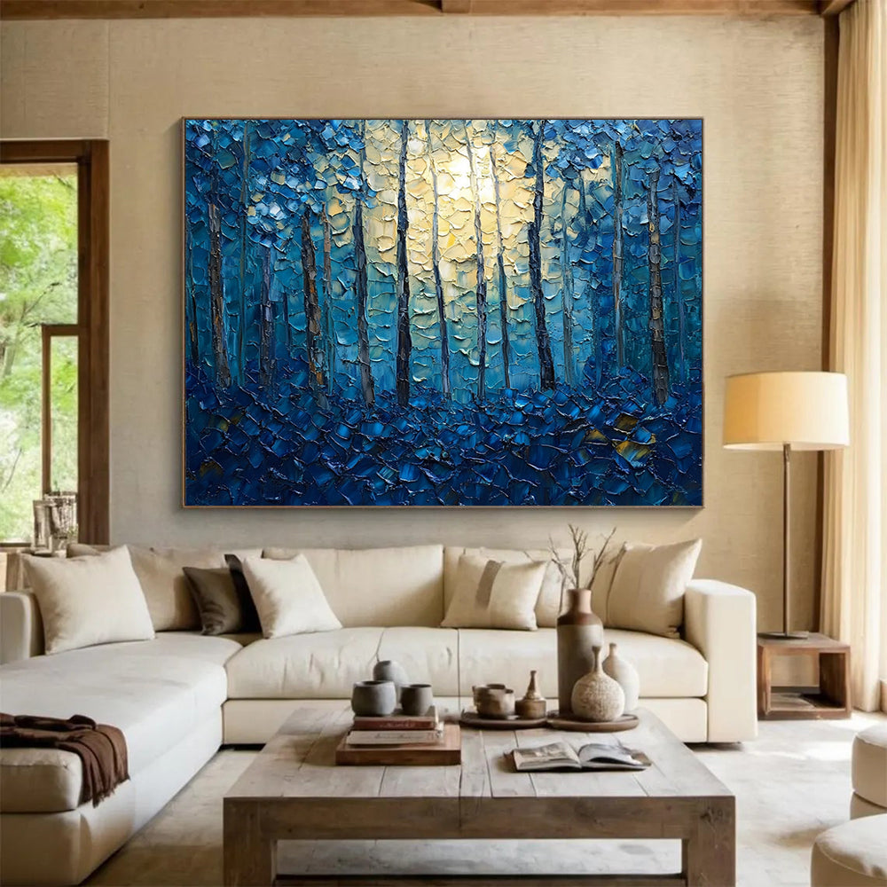 “Moonlit Forest in Blue” - Blues, Yellows, Browns, Textured Forest Scene - Impasto Landscape Painting HB1557