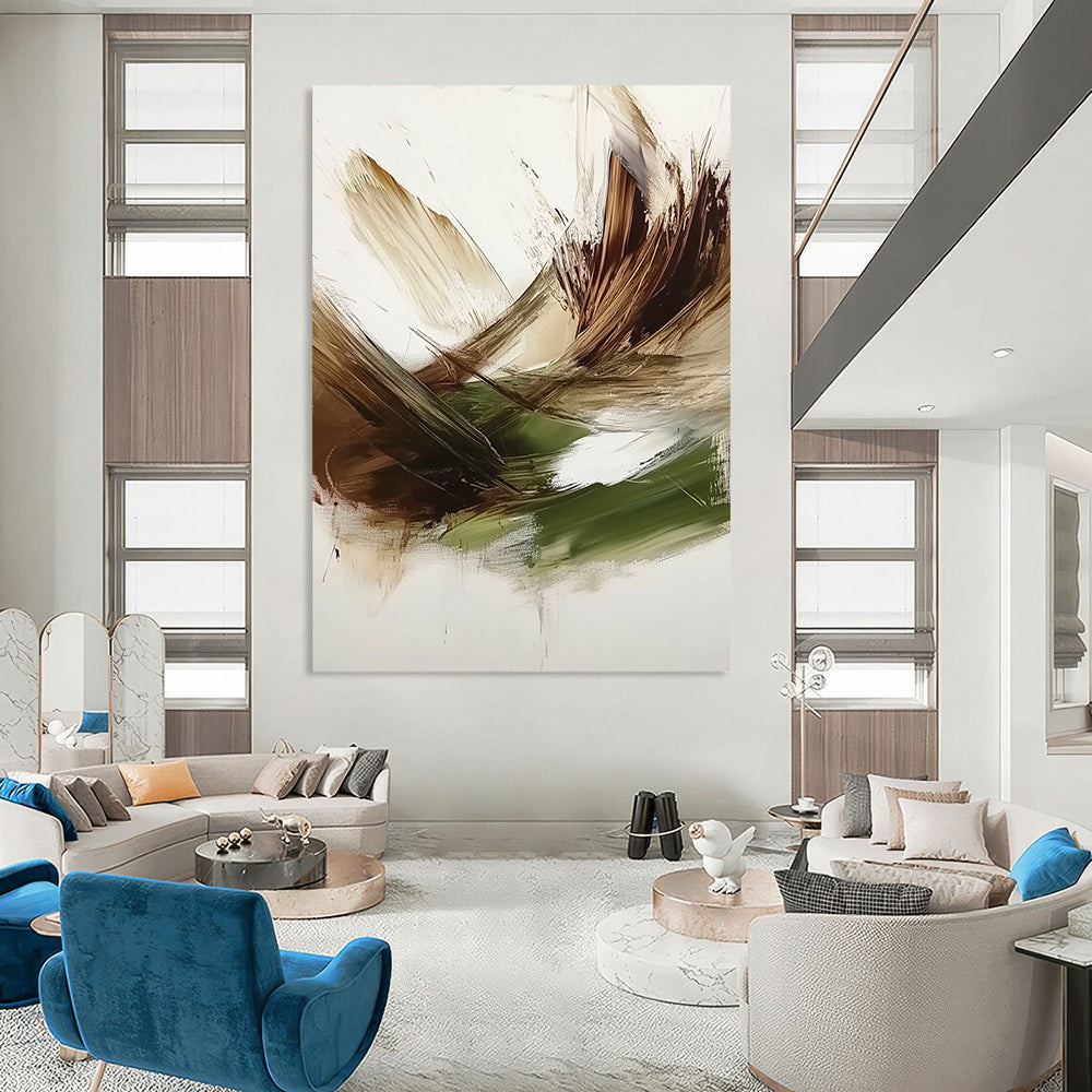 Contemporary hand-painted abstract art features a rich green, brown, and white palette with textured brush strokes and a dark beige backdrop. DLZ0447
