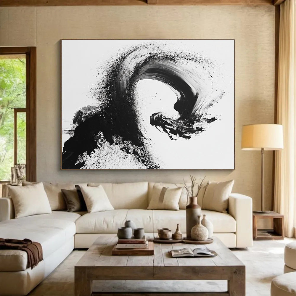 Black Curved Brushstroke with Splatter - “Flowing Enso Energy” Painting On Canvas HB245