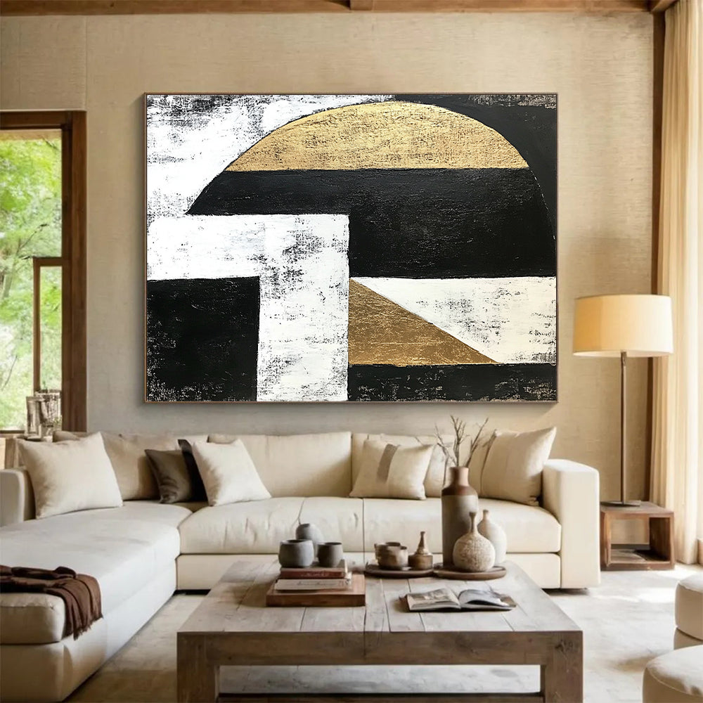 Black, White, Gray and Gold Geometric Abstraction "Subtle Harmony" Painting On Canvas HB378