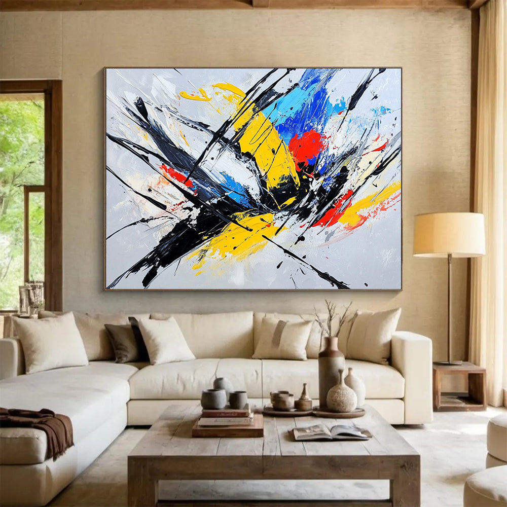 “Dynamic Color Splashes and Black Strokes” - Yellow, blue, red, black, white; Energetic color splashes with bold black strokes; Expressive Acrylic Painting On Canvas HB1201