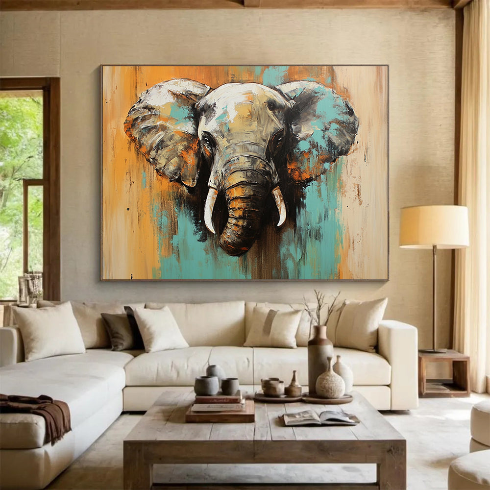 “Colorful Elephant Portrait” - Teal, Orange, Gray, Expressive Animal Painting On Canvas HB1002