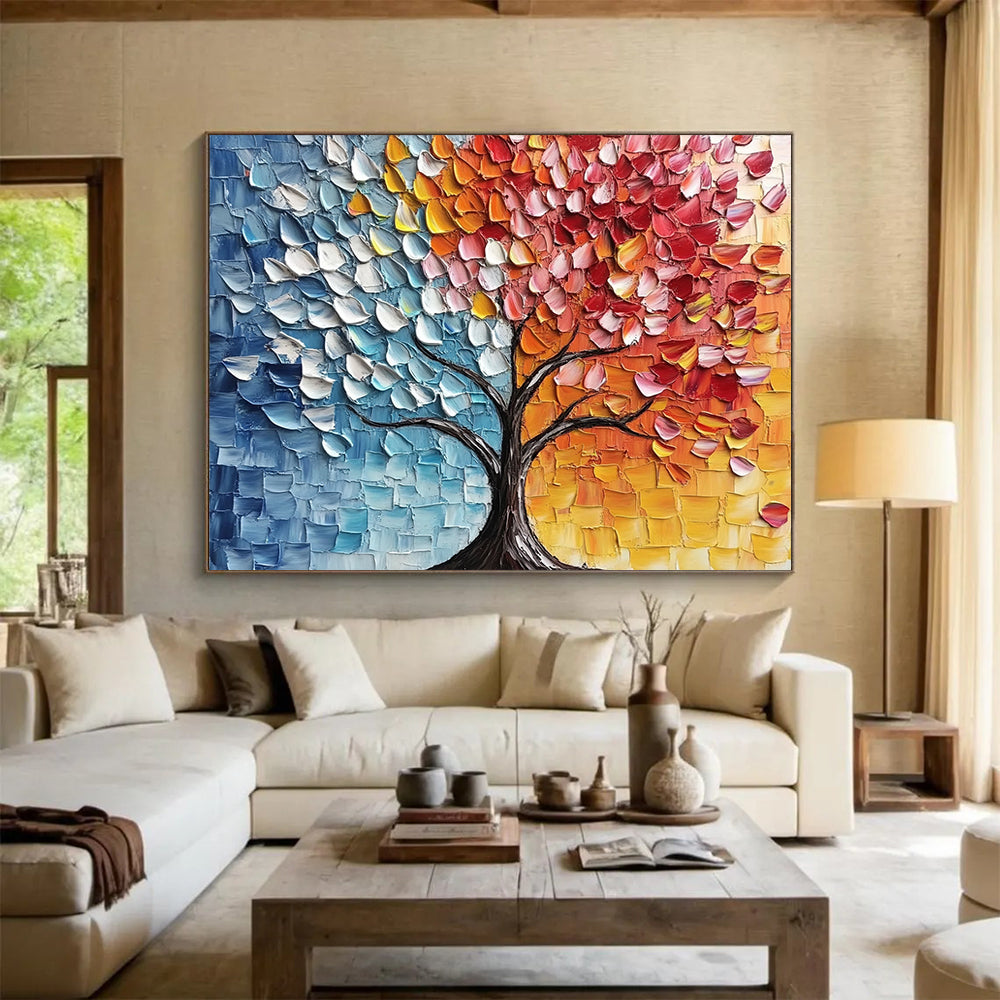 “Split - Color Textured Tree” - Blue, Orange, Red, Yellow, Textured Tree Silhouette - Palette Knife Acrylic Painting HB1638