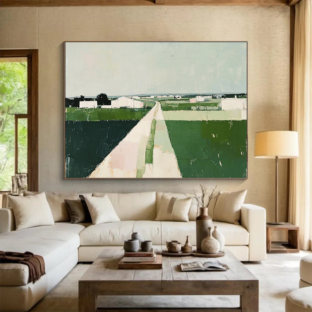 “Rural Pathway” - Green, White, Pastel Tones, Abstract Landscape - Acrylic Painting HB1480