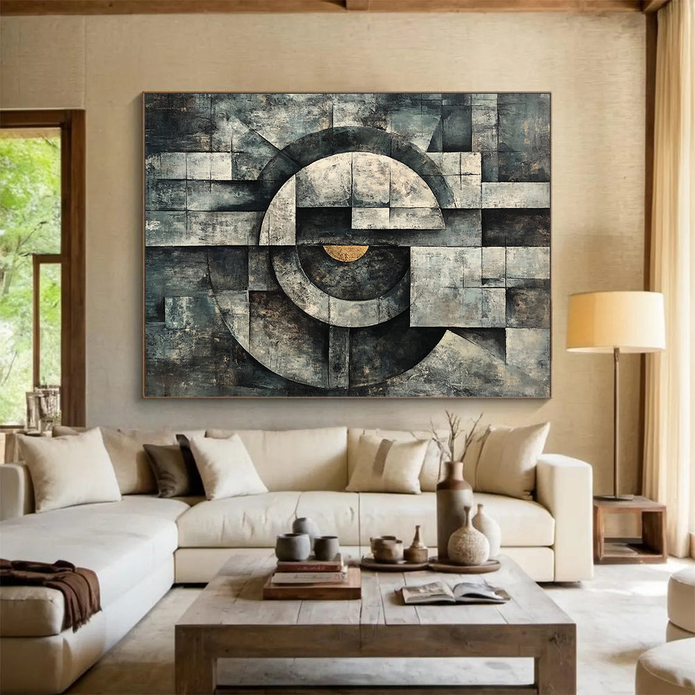 Gray, Black and Gold Geometric Composition "Industrial Harmony" Painting On Canvas HB345