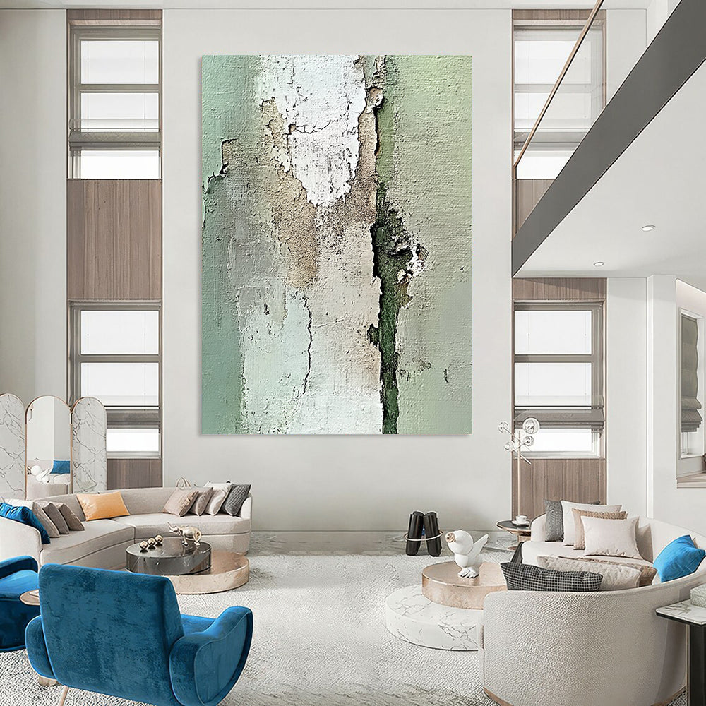 Contemporary abstract artwork featuring an old peeling wall in neutral tones with intricate light green and beige textures using impasto technique. DLZ1199