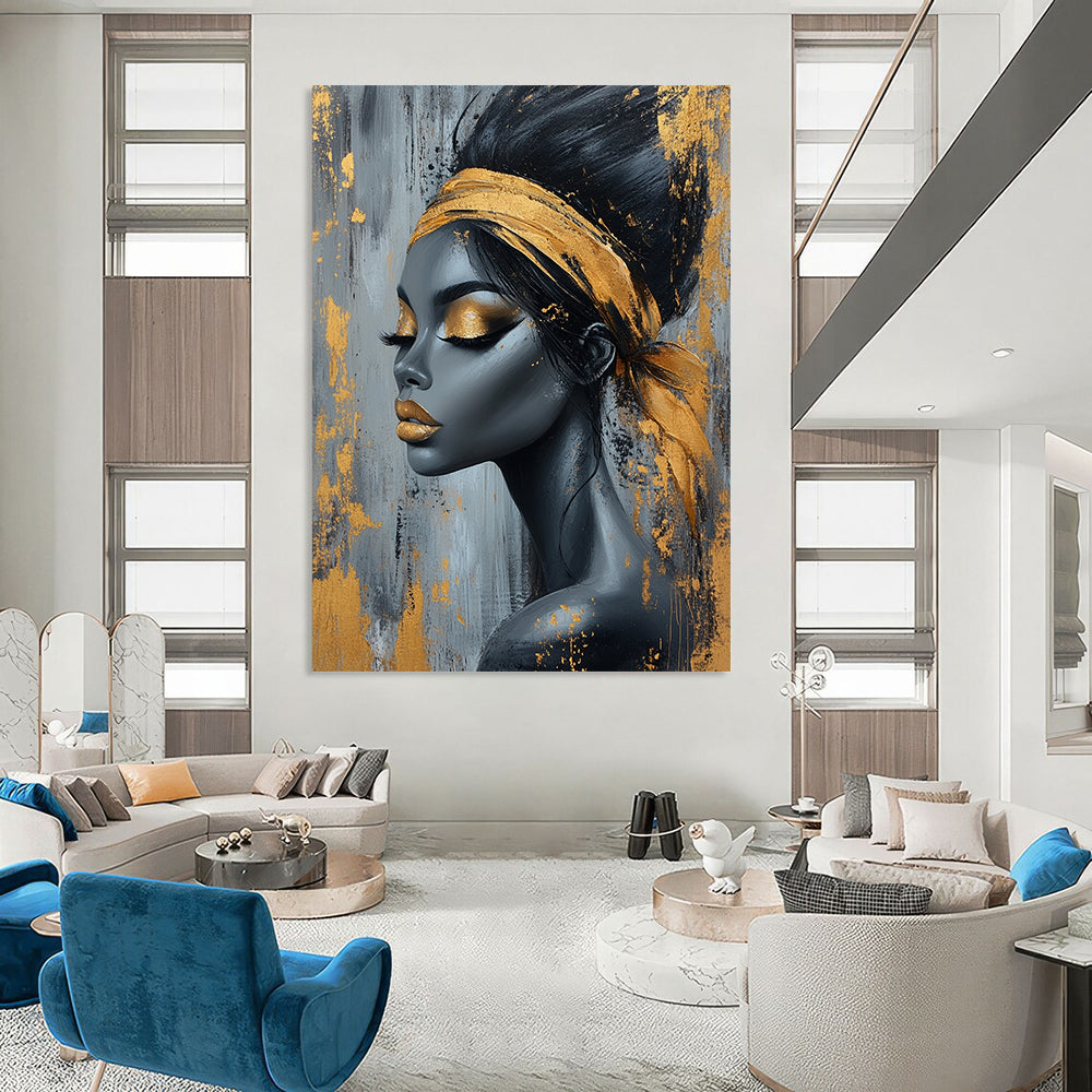 Contemporary abstract art featuring an elegant African woman with black and gold hair on a textured gray background adorned with gold paint splashes. DLZ0570