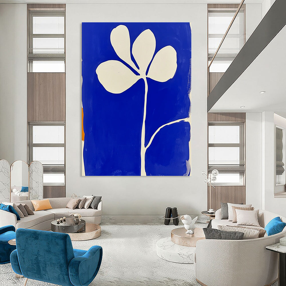 Large contemporary abstract painting featuring blue and white minimalist flower shapes in the style of Matisse with block print aesthetics. DLZ1154