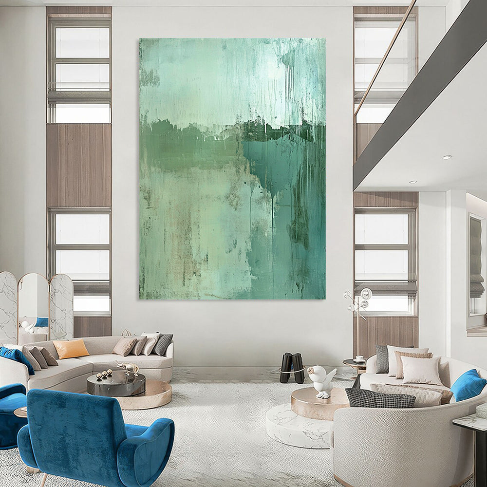 Contemporary hand-painted abstract artwork features a worn landscape in green and blue tones with textured depth and a subtle focal point for intrigue. DLZ0962