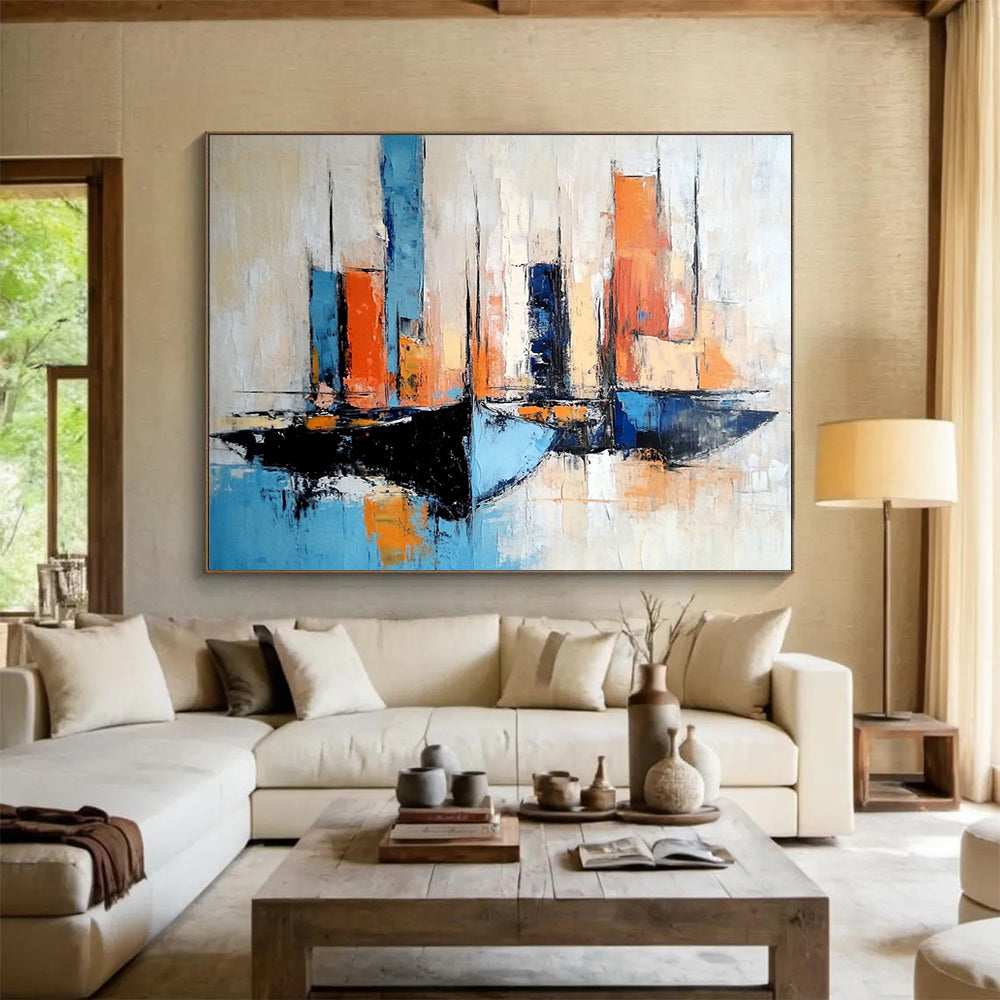 “Colorful Sailboats” - Blues, oranges, whites; Abstract sailboats in a vibrant harbor; Impressionistic Oil Painting On Canvas HB1178